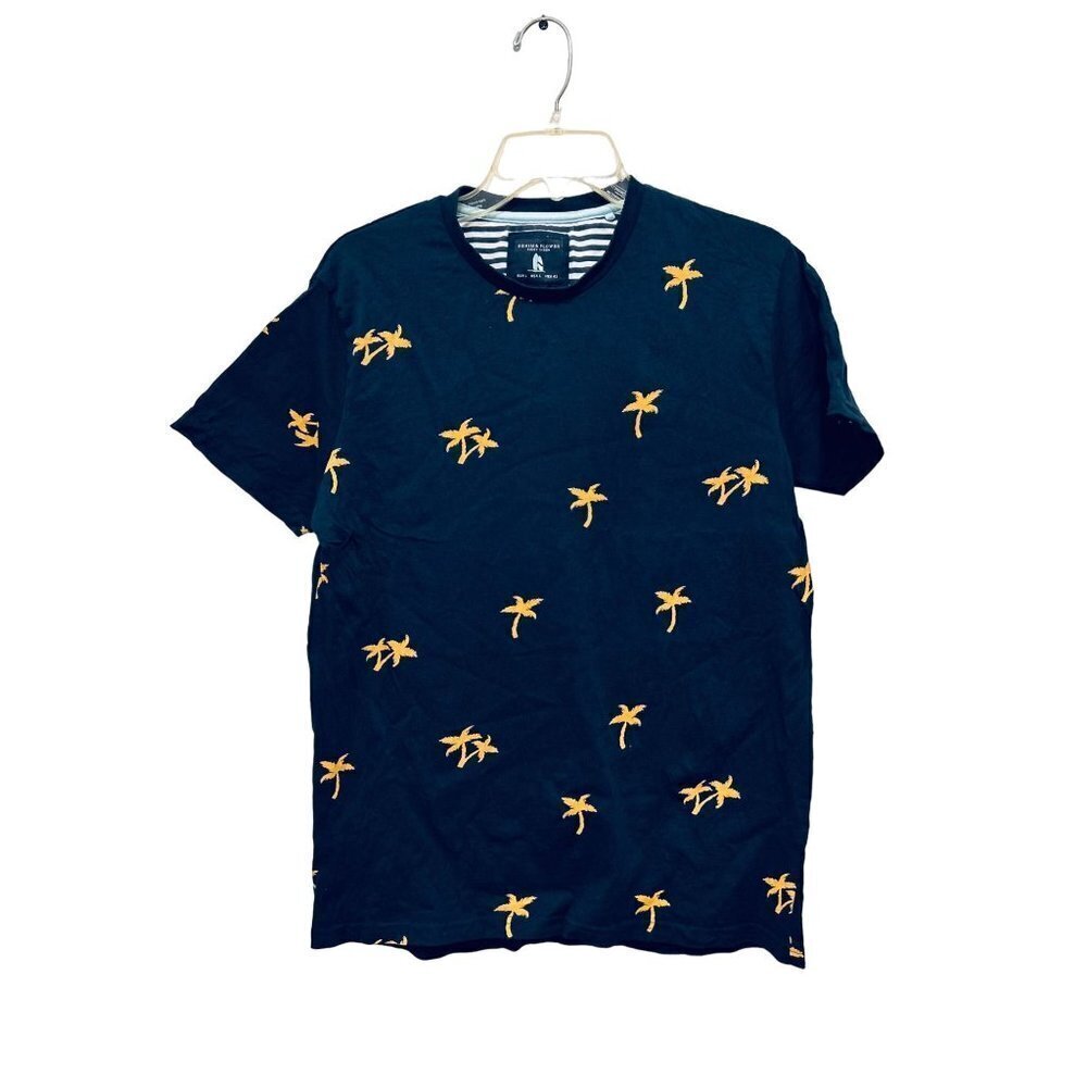 Denim & Flowers Blue Cotton Tee T-shirt with Yellow Palm Trees Size Large